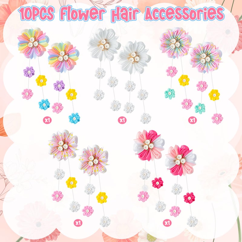BkeeCten Flower Ribbon Bows Clips - 10pcs Colorful Flower Hair Accessories Grosgrain Ribbon Bows Alligator Clips Pendants Barrettes Hair Accessories Baby Girls Toddlers Kids Teens(5 Designs in Pairs) - Image 3